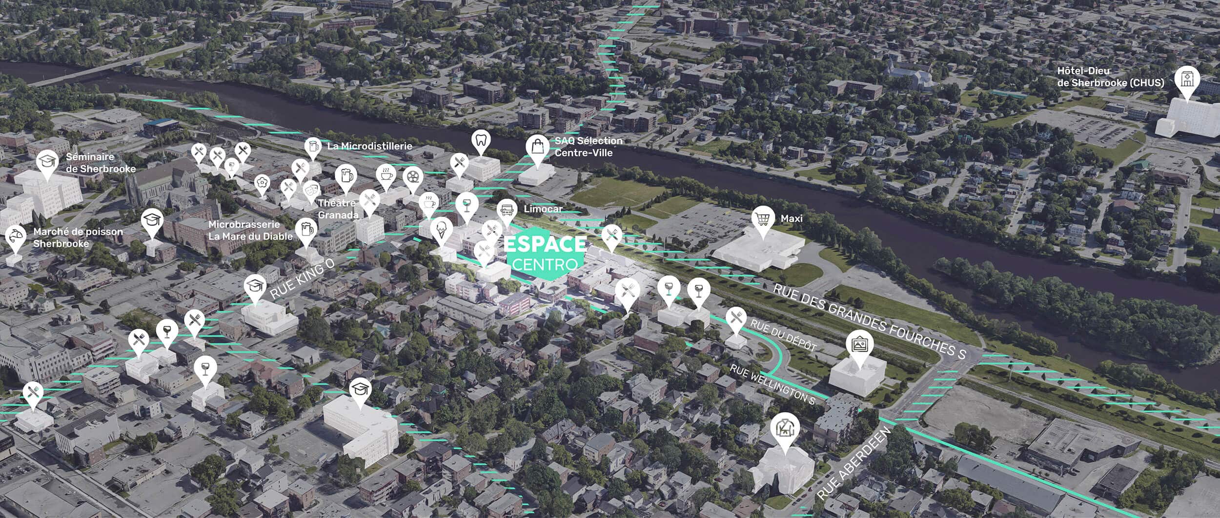 Location map for Espace Centro on Wellington Street in Sherbrooke